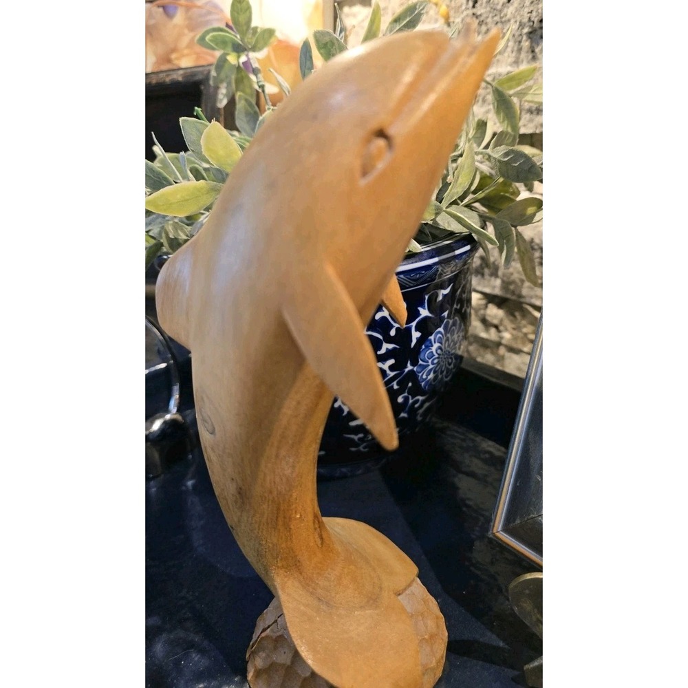 Vintage Hand Carved Solid Wooden Dolphin Statue Sculpture Figurinie 8.5" #180